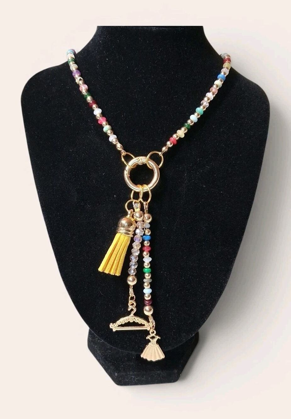 Cagan Dahan Designs Rondelle glass bead necklace toggle charms Boho Beachy